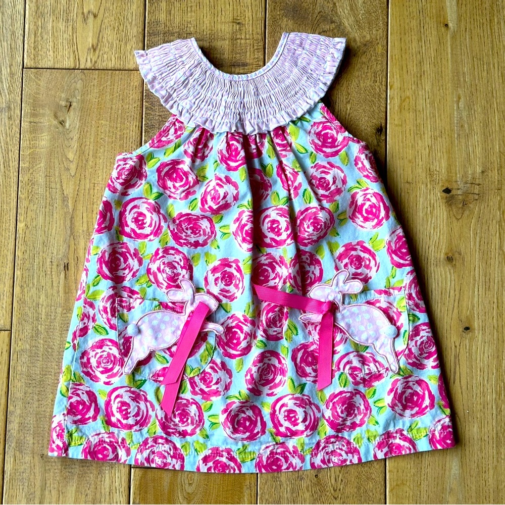 Mud Pie Smocked Neck Floral Bunny Dress size 24 Months / 2T